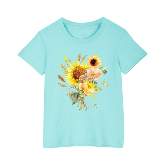 YLSDY Summer T Shirt for Girl's Floral Print Graphic Blouse Crew Neck Short Sleeve Tunic Tops Kids Loose Fit Casual Tee Shirts Blue 9 Years