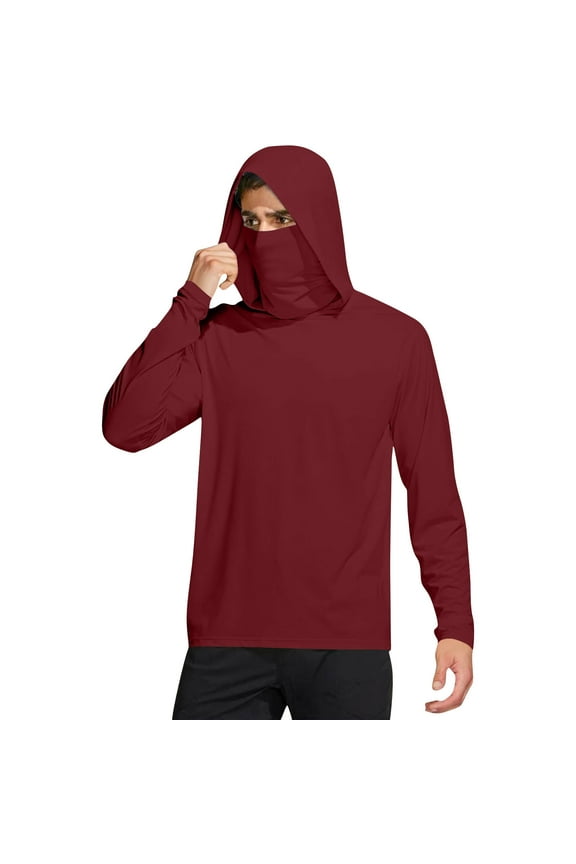 Sun Protection Shirts for Boys UPF 50+ Long Sleeve Rash Guard Fishing Hoodies with Mask Summer Cooling Hooded Blouses Wine XL