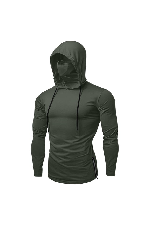 Sun Protection Shirts for Men with Hood and Mask UPF 50+ Compression Hoodies Outdoor Rash Guard Swimming Fishing Tops Army Green L