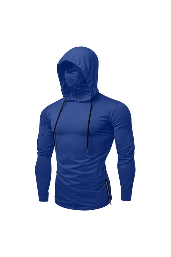 Sun Protection Shirts for Men with Hood and Mask UPF 50+ Compression Hoodies Outdoor Rash Guard Swimming Fishing Tops Blue L