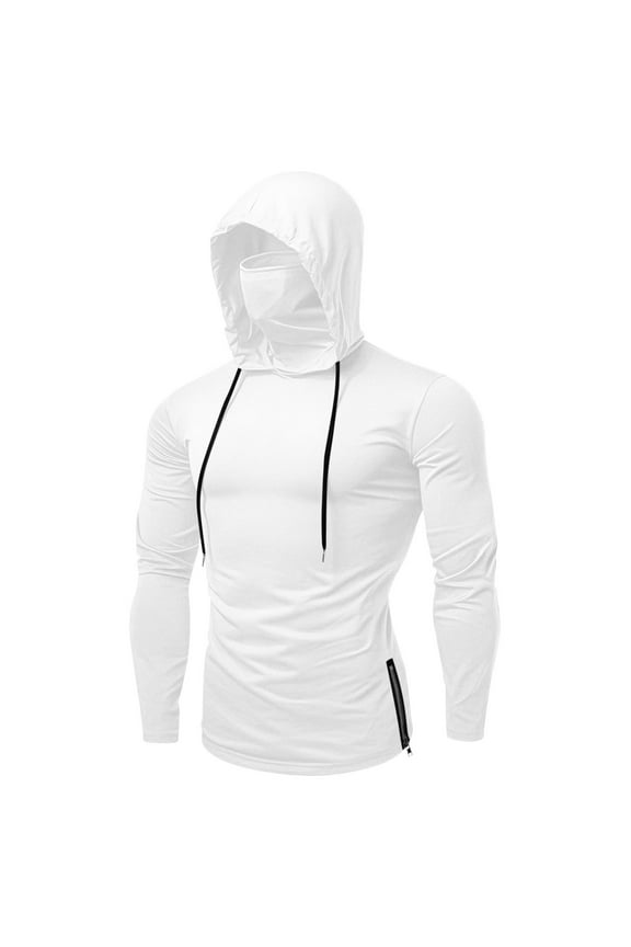 Sun Protection Shirts for Men with Hood and Mask UPF 50+ Compression Hoodies Outdoor Rash Guard Swimming Fishing Tops White XXL
