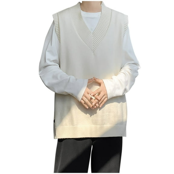 YLSDY Sweater Vests for Men Fashion Y2k Side Button Sleeveless V Neck Vest Relaxed Fit Plus Size Knit Waistcoat Mens Clothes Beige M