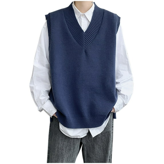 YLSDY Sweater Vests for Men Fashion Y2k Side Button Sleeveless V Neck Vest Relaxed Fit Plus Size Knit Waistcoat Mens Clothes Blue L