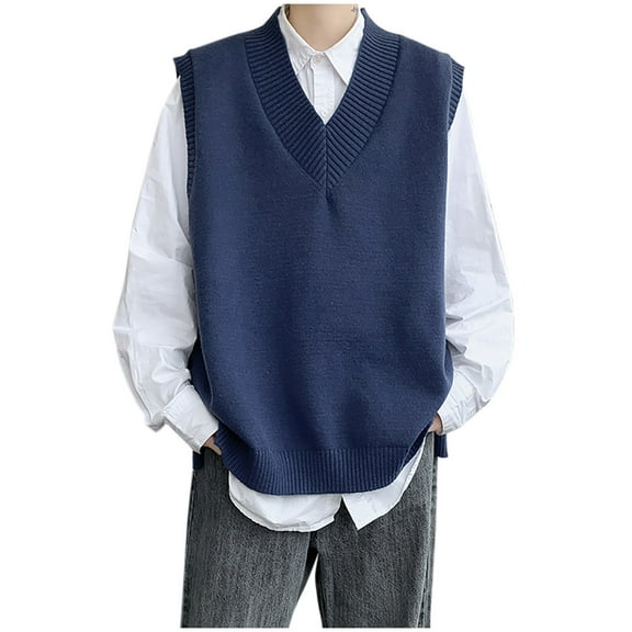YLSDY Sweater Vests for Men Fashion Y2k Side Button Sleeveless V Neck Vest Relaxed Fit Plus Size Knit Waistcoat Mens Clothes Blue M