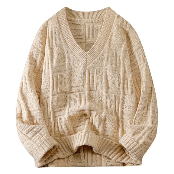 YLSDY Sweaters for Men V Neck Soft Cable Knit Baggy Casual Pullover Long Sleeve Comfy Loose Fit Fall Winter Sweaters Beige XXXL