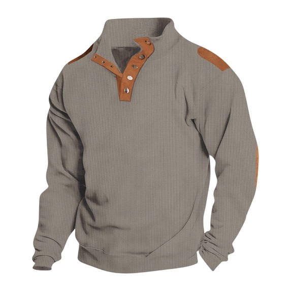 YLSDY Sweatshirt for Men Waffle Knit Mock Neck Button Down Sweater Pullover Tactical Vintage Sweatshirt Button Collared Long Sleeve Shirt Gray L