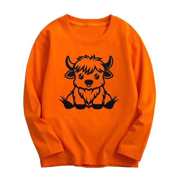 YLSDY Sweatshirts for Girls Funny Crewneck Highland Cow Printed Pullover Shirts Kids Casual Loose Long Sleeve Graphic Tees for Teens Orange 9-10 Years