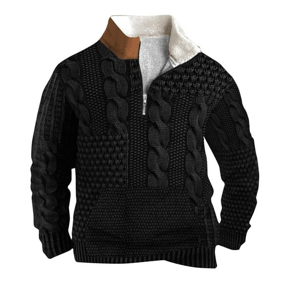 YLSDY Sweatshirts for Men Lightweight Casual Fleece Shirts 1/4 Zip Stand Collar Buttons Knit Print Long Sleeve Pullover Black M