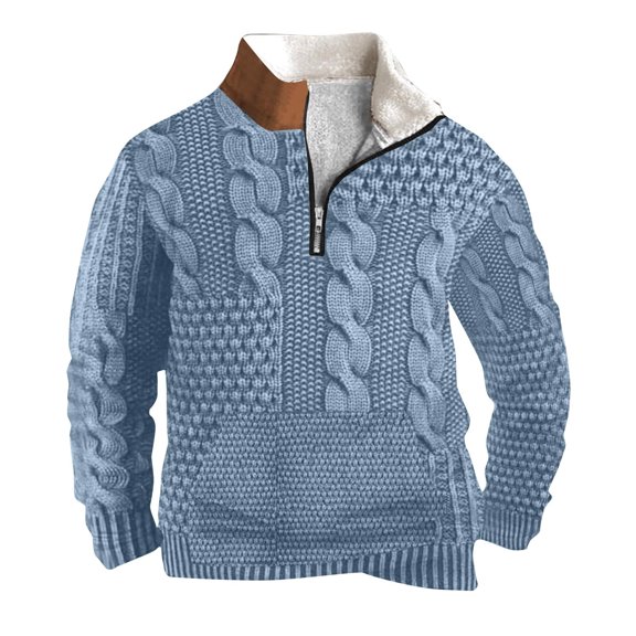 YLSDY Sweatshirts for Men Lightweight Casual Fleece Shirts 1/4 Zip Stand Collar Buttons Knit Print Long Sleeve Pullover Light Blue S