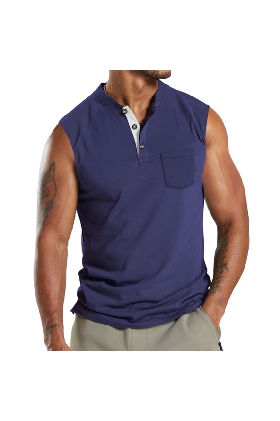 Tank Tops for Men Summer Sleeveless T Shirts Henley Shirts Button V Neck Slim Fit Muscle Gym Workout Athletic Tees Navy XXXL