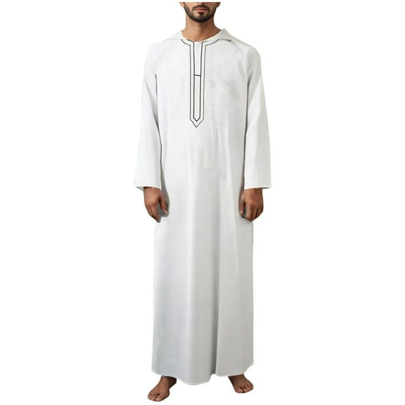 YLSDY Thobe for Men Long Sleeve Muslim Kaftan Cotton Linen Islamic clothing Islam Arabic Thobe Mens Kaftan Big and Tall Dishdasha White S