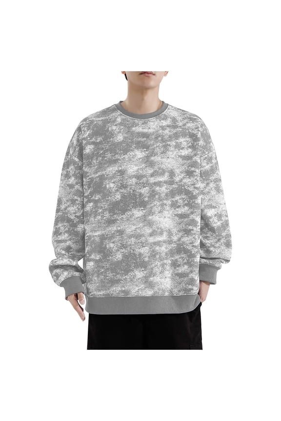 Tie Dye Suede Sweatshirt for Men Loose Crewneck Workou Tops Casual Raglan Long Sleeve Pullover Versatile Tee Shirts Gray L