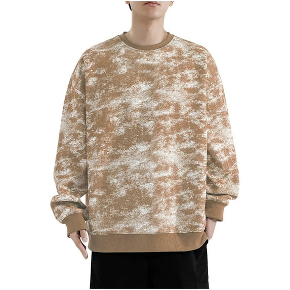 YLSDY Tie Dye Suede Sweatshirt for Men Loose Crewneck Workou Tops Casual Raglan Long Sleeve Pullover Versatile Tee Shirts Khaki M