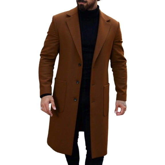 YLSDY Trench Coat Men Single Breasted Long Casual Jackets Notched Collar Wool Blend Winter Warm Overcoats with Pockets Brown M