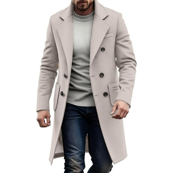 YLSDY Trench Coats for Men Casual Business Double Breasted Wool Blend Coat Lapel Collar Fall Winter Windbreaker Overcoat Beige XXL