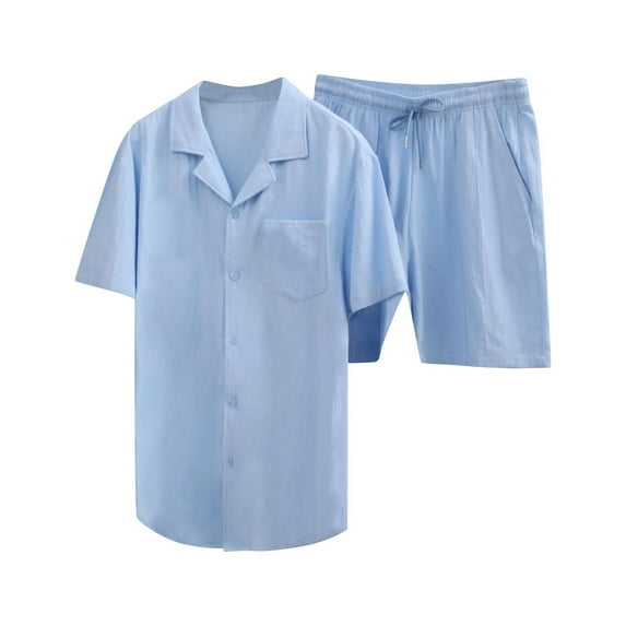 YLSDY Two Piece Cotton Linen Short Sets Shirt Short Outfits Summer Fashion Men's Beach 2 Pieces Casual Button-Down Sets Light Blue M
