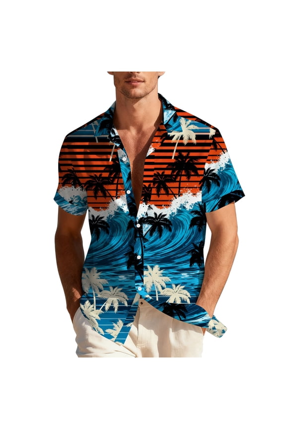 Unisex Hawaiian Shirts Short Sleeve Button Down Summer Beach Shirts Floral Printed Blouse Tops for Men Women Blue L