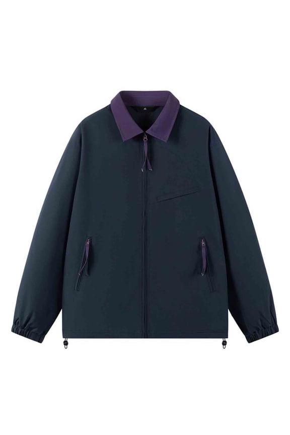 Unisex Solid Casual Outdoor Jacket Water-Resistant Long Sleeve Collared Style with Zipper Pockets Hiking Outerwear Dark Blue L