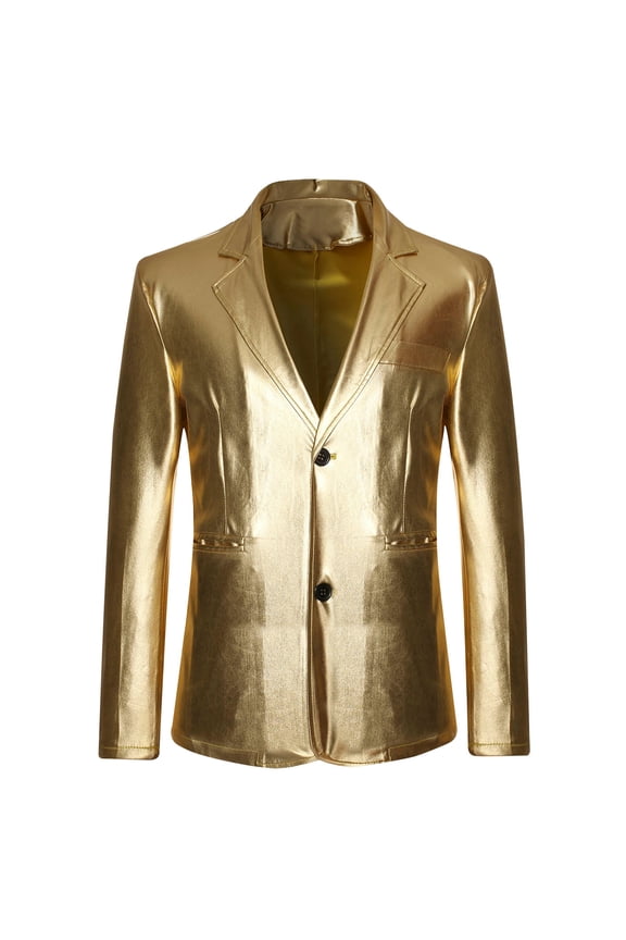 Fashion Men's Shiny PU Leather Blazer Jacket Coats Fashion Slim Fit Single Breasted Outwear Business Work Party Club Blazer Gold XL