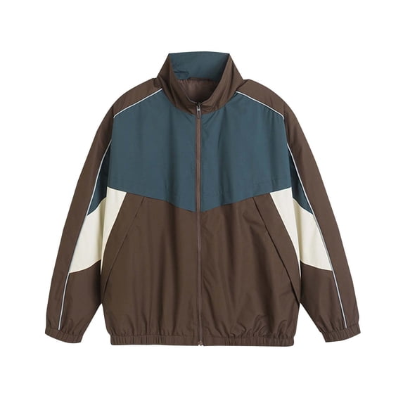 YLSDY Vintage Athletic Jacket for Men Casual Zip Up Lightweight Coat Trendy Patchwork Color Block Workout Pockets Jackets Coffee XXXL