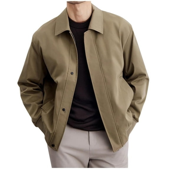 YLSDY Vintage Zip up Jacket Men Fall Casual Loose Retro Collared Short Coat Solid Color Turndown Collar Street Outwears Khaki XXL
