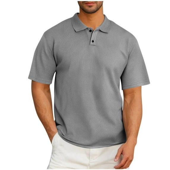 YLSDY Waffle Knit Button Collared Shirts for Men Fashion Mens Button Collared Shirts Short Sleeve Stretch Casual Golf Button Collared Shirts for Men Gray S