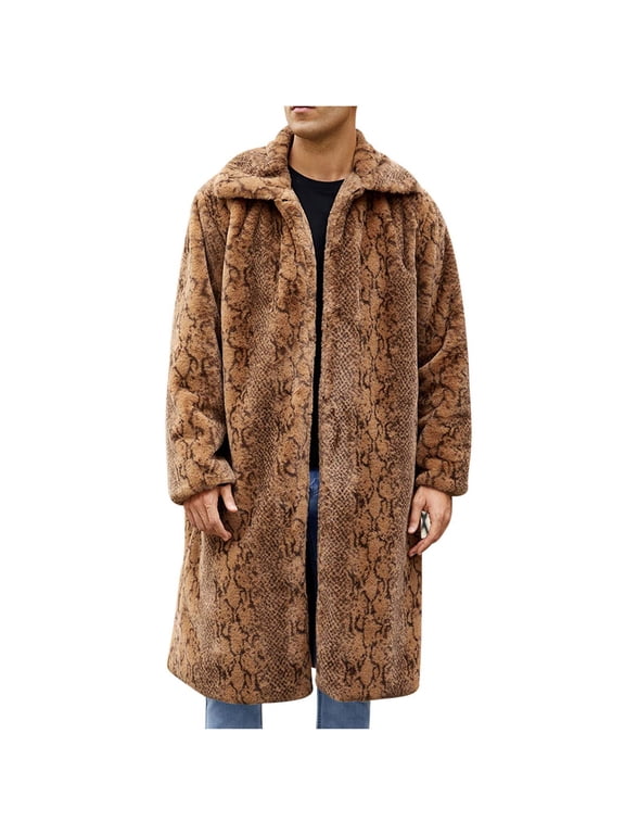 Warm Faux Furry Long Coat Jacket Mens Winter Leopard Turn Down Collar Casual Outwear Daily Fashion Stylish Outerwear Coats Brown S