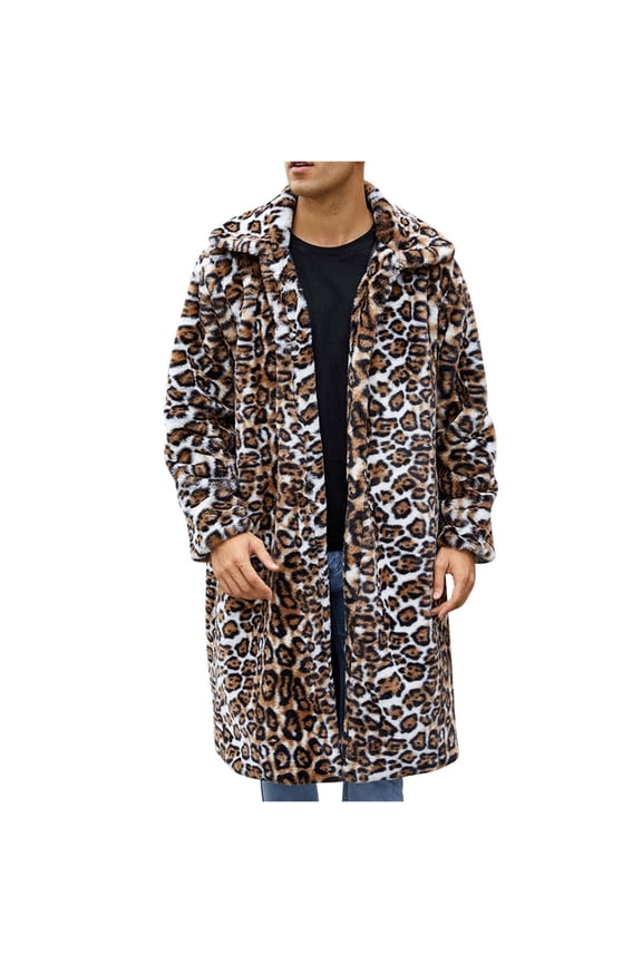Warm Faux Furry Long Coat Jacket Mens Winter Leopard Turn Down Collar Casual Outwear Daily Fashion Stylish Outerwear Coats Coffee XXL