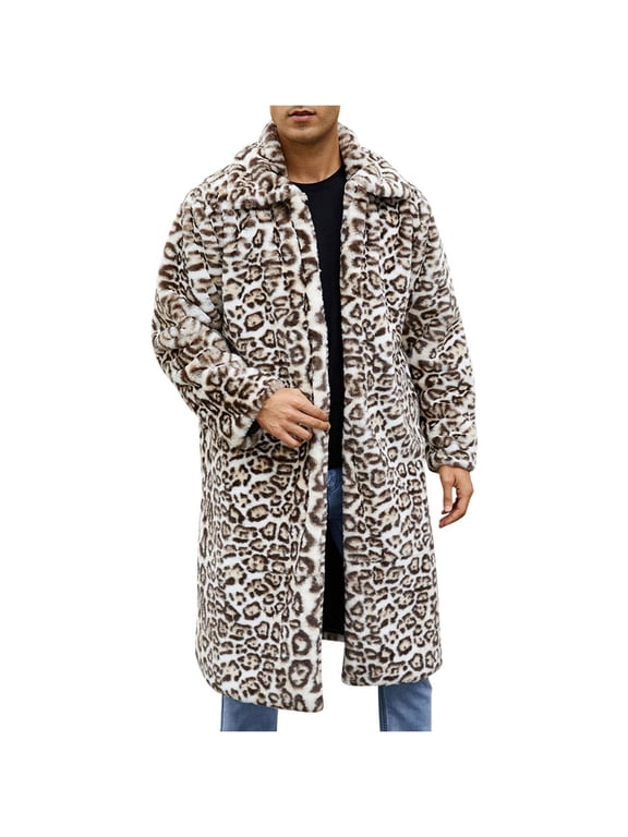 Warm Faux Furry Long Coat Jacket Mens Winter Leopard Turn Down Collar Casual Outwear Daily Fashion Stylish Outerwear Coats Khaki XXL