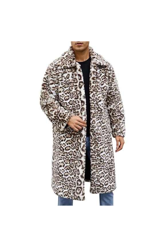 Warm Faux Furry Long Coat Jacket Mens Winter Leopard Turn Down Collar Casual Outwear Daily Fashion Stylish Outerwear Coats Khaki XXL