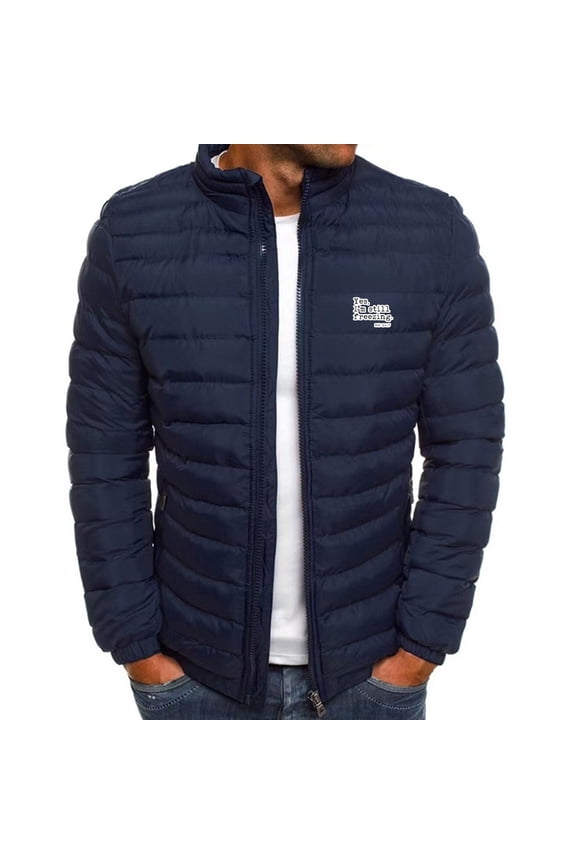 Winter Men's Casual Jacket Letter Printed Long Sleeve Warm Pocket Zipper Stand Collar Stylish Fashion Outwear for Outdoor Daily Activities Navy L