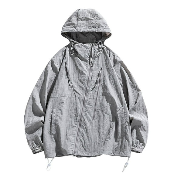 YLSDY Winter Fashion 2024 Men's Lightweight Hooded Windbreaker Jacket Drawstring Zip Up Long Sleeve Windproof Outdoor Sports Coats with Pockets Gray XXL