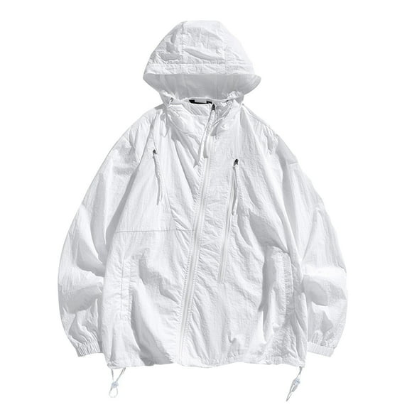 YLSDY Winter Fashion 2024 Men's Lightweight Hooded Windbreaker Jacket Drawstring Zip Up Long Sleeve Windproof Outdoor Sports Coats with Pockets White XXL