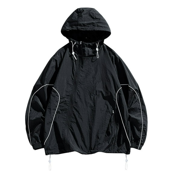 YLSDY Winter Fashion 2024 Men's Streetwear Harajuku Jacket Windbreaker Coats Flight Jacket with Reflective Detailing Adjustable Drawstring Hem Black XXL