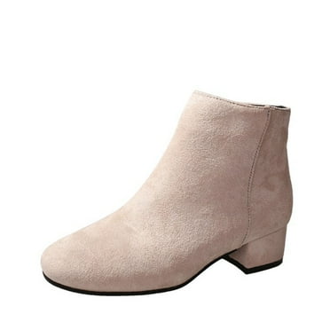 KIJBLAE Women's Ankle Boots Suede Low Heel Block Heel Booties Zipper Back Round Toe Winter Warm Shoes Beige 35