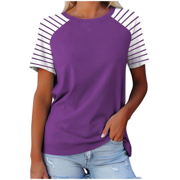 YLSDY Women's Color Block T-Shirts Crewneck Tops Lightweight Comfy Loose Fit Vacation Casual Blouse Summer Basic Raglan Short Sleeve Basic Tees Fashion 2024 Patchwork Color Shirts Purple 6