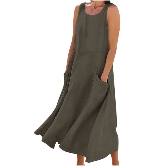 YLSDY Women's Cotton Linen Casual Loose Pockets Long Dress Plain Sleeveless Tank Dress Vacation Beach Solid Midi Dress Dark Gray XXL