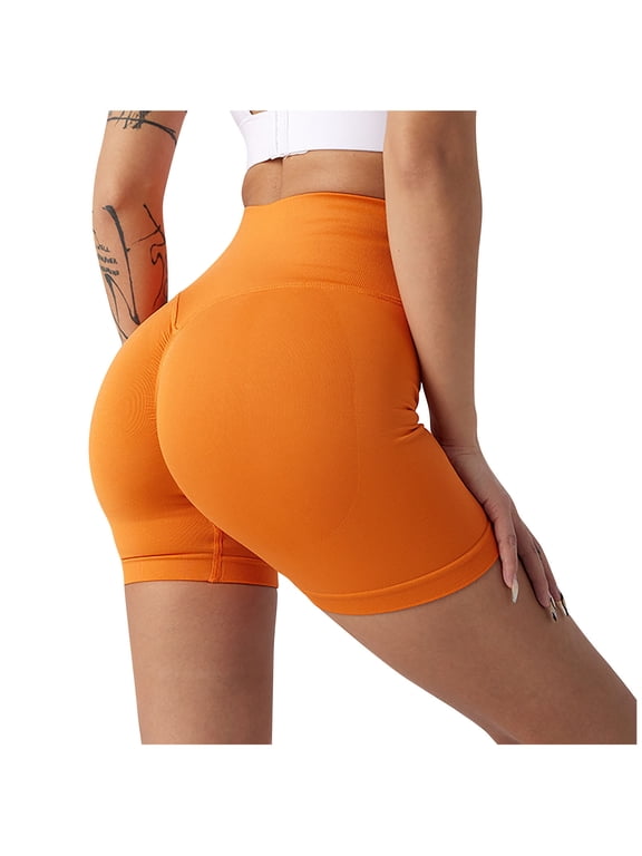 Women's High Waist Workout Shorts Butt Lifting Tummy Control Ruched Booty Smile Yoga Short Pants Fitness Gym Running Biker Shorts Orange 6