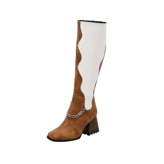 KIJBLAE Women's Knee High Boots Block Heel Chunky Heel Chain Decor Square Toe Boots Faux Leather Boots Fall Winter Boots Fashion Elegant Brown 39