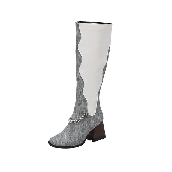 KIJBLAE Women's Knee High Boots Block Heel Chunky Heel Chain Decor Square Toe Boots Faux Leather Boots Fall Winter Boots Fashion Elegant Gray 40