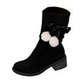 thumbnail image 1 of KIJBLAE Women's Suede Ankle Boots Fuzzy Pom Pom Bowknot Winter Boots Block Heel Warm Plush Short Boots Black 36, 1 of 6