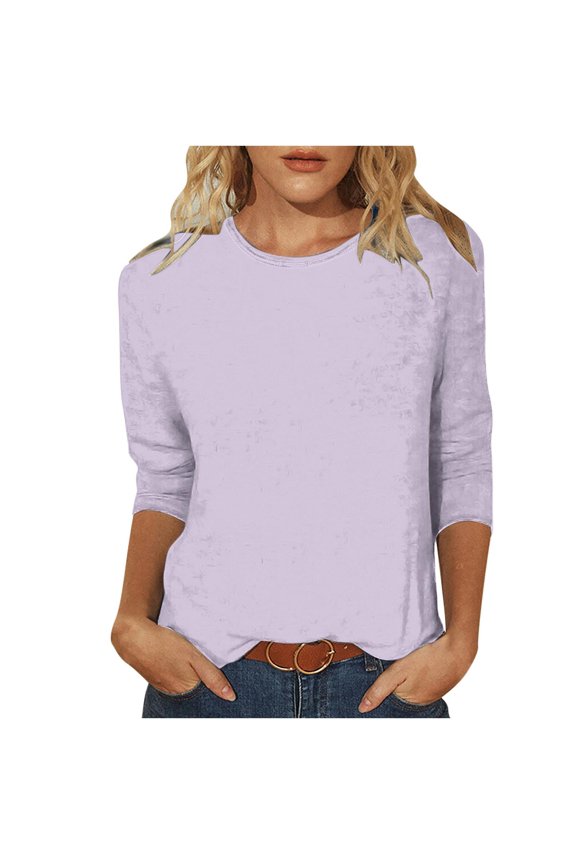 Women's Tunic Dressy T-Shirts 2024 Trendy Classic Solid Shirts Crew Neck Tops Bundle Slim Fit Flowy Casual Blouse Workout Summer Basic Raglan Sleeve 3/4 Sleeve Basic Tees Fashion Purple 4