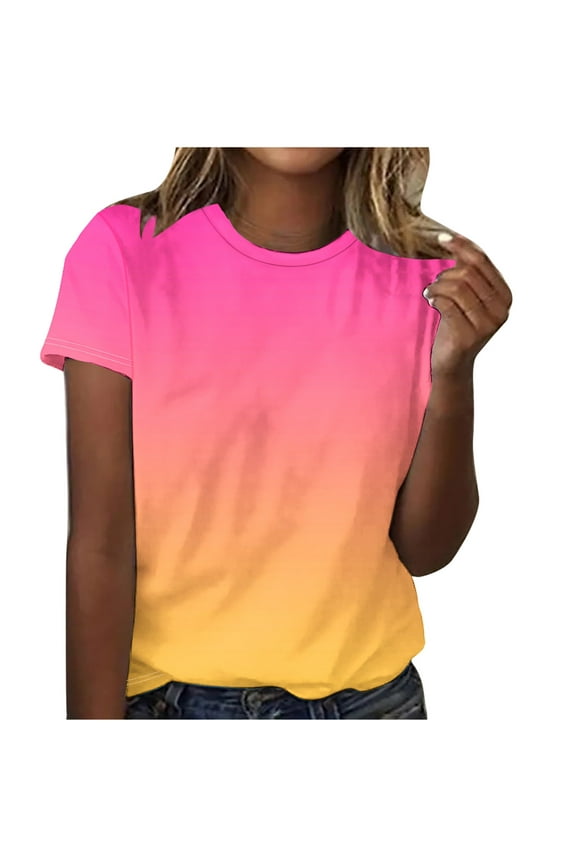 Women's Tunic Ombre T-Shirts Fashion Workout Summer Basic Raglan Short Sleeve Basic Tees Fashion 2024 Trendy Classic Gradient Shirts Crew Neck Tops Party Loose Fit Casual Blouse Hot Pink 10