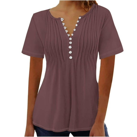 YLSDY Women's Tunic Pleated Shirts Vintage Solid Peplum Shirts Buttons Henley Neck Tops Skinny Slim Fit Bundle Flowy Casual Blouse Summer Basic Drop Shoulder Short Sleeve Basic Tees Brown 8