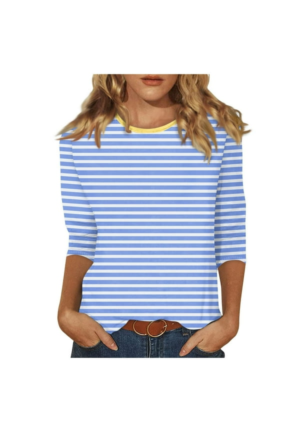 Women's Tunic Striped T-Shirts 2024 Classic Stripe Print Shirts Crew Neck Tops Bundle Slim Fit Flowy Casual Blouse Workout Summer Basic Raglan 3/4 Sleeve Basic Tees Fashion Sky Blue 6
