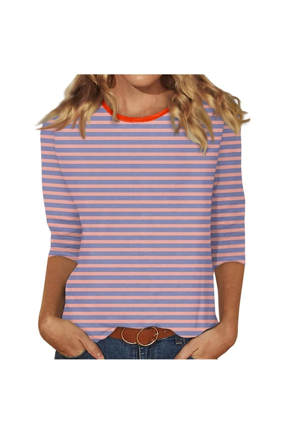 Women's Tunic Striped T-Shirts 2024 Classic Stripe Print Shirts Crew Neck Tops Bundle Slim Fit Flowy Casual Blouse Workout Summer Basic Raglan 3/4 Sleeve Basic Tees Fashion Pink 4
