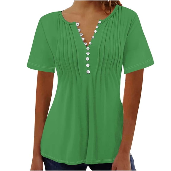 YLSDY Women's Tunic Tops Pleated Shirts Button Down Henley Neck Tops Slim Fit Flowy Dressy Casual Blouse Summer Basic Raglan Short Sleeve Basic Tees Fashion 2024 Elegant Solid Shirts Green 6