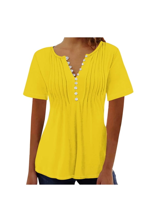 Women's Tunic Tops Pleated Shirts Button Down Henley Neck Tops Slim Fit Flowy Dressy Casual Blouse Summer Basic Raglan Short Sleeve Basic Tees Fashion 2024 Elegant Solid Shirts Yellow 10