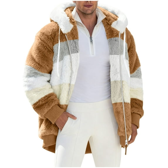 YLSDY Womens 2025 Winter Fuzzy Fleece Jacket Hooded Color Block Patchwork Cardigan Coats Outerwear with Pockets Brown S