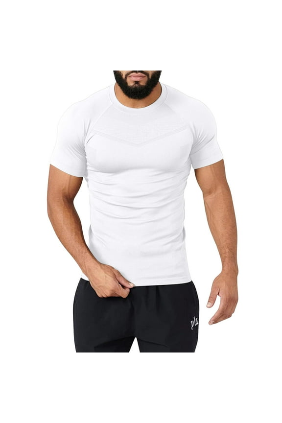 Workout Shirts for Men Compression Stretch Gym Athletic Tee Shirts Short Sleeve Solid Muscle Bodybuilding Tops White M
